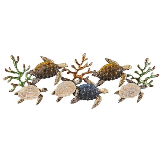 48" x 18" Bronze Metal Turtle Hammered Wall Décor with Wood Accents